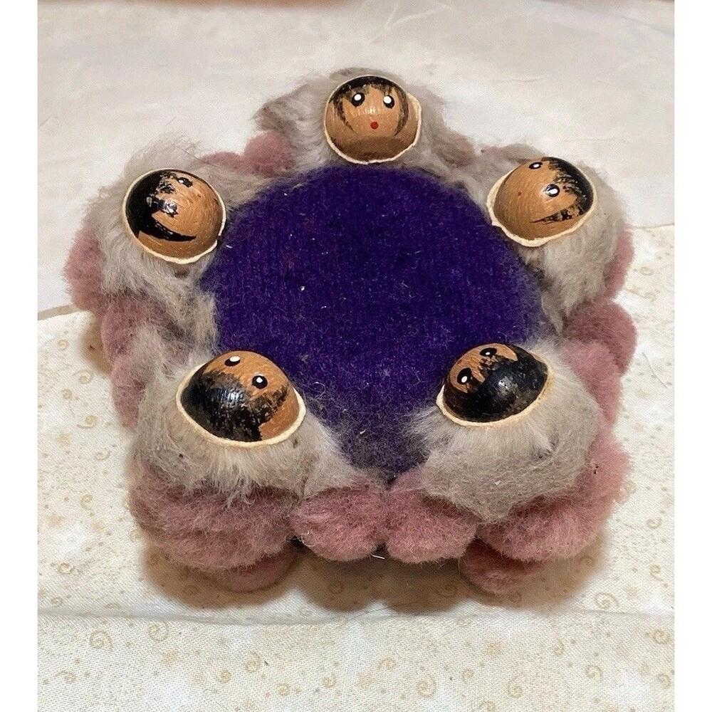 Vintage Alaskan Eskimo Blanket Toss Pin Cushion Real Fur Wooden Faces Stickered